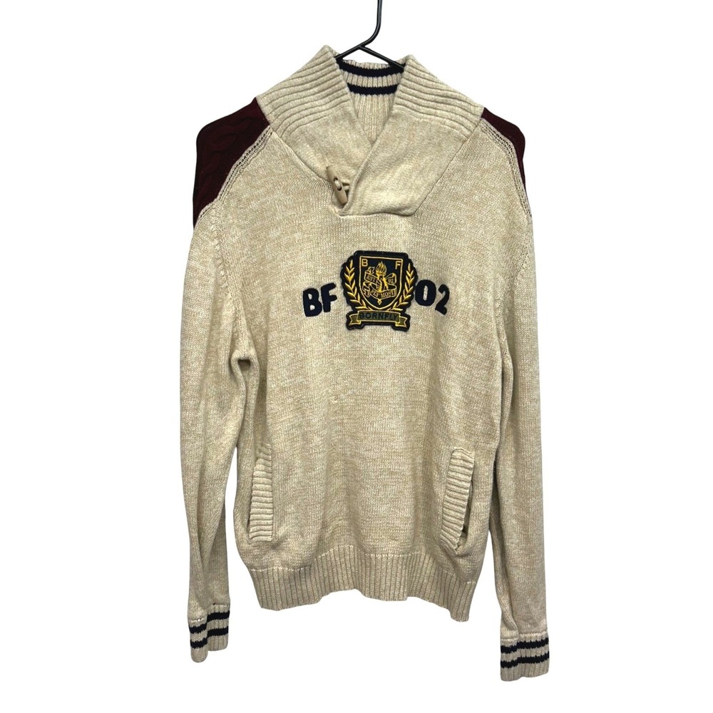 Y2K Born Fly Shawl Collar Knit Sweater L Beige Burgundy Retro Streetwear